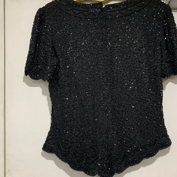 VINTAGE COTE d' AZUR SILK BEADED WAIST LENGTH SHORT SLEEVE BLOUSES SIZE L - Picture 6 of 8